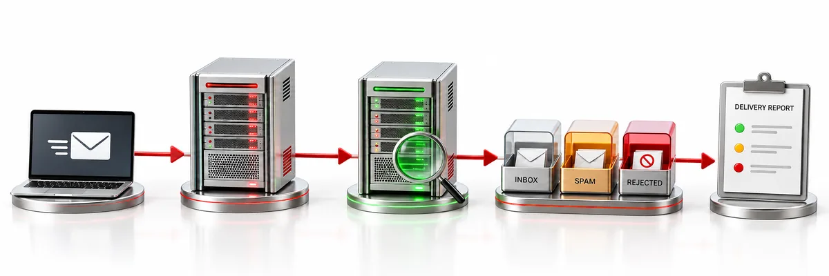 Email travels from an application through SMTP and receiving servers to a delivery outcome and status report.