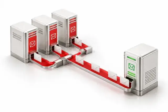 Conceptual 3D illustration of SMTP servers routing email to a receiving server.